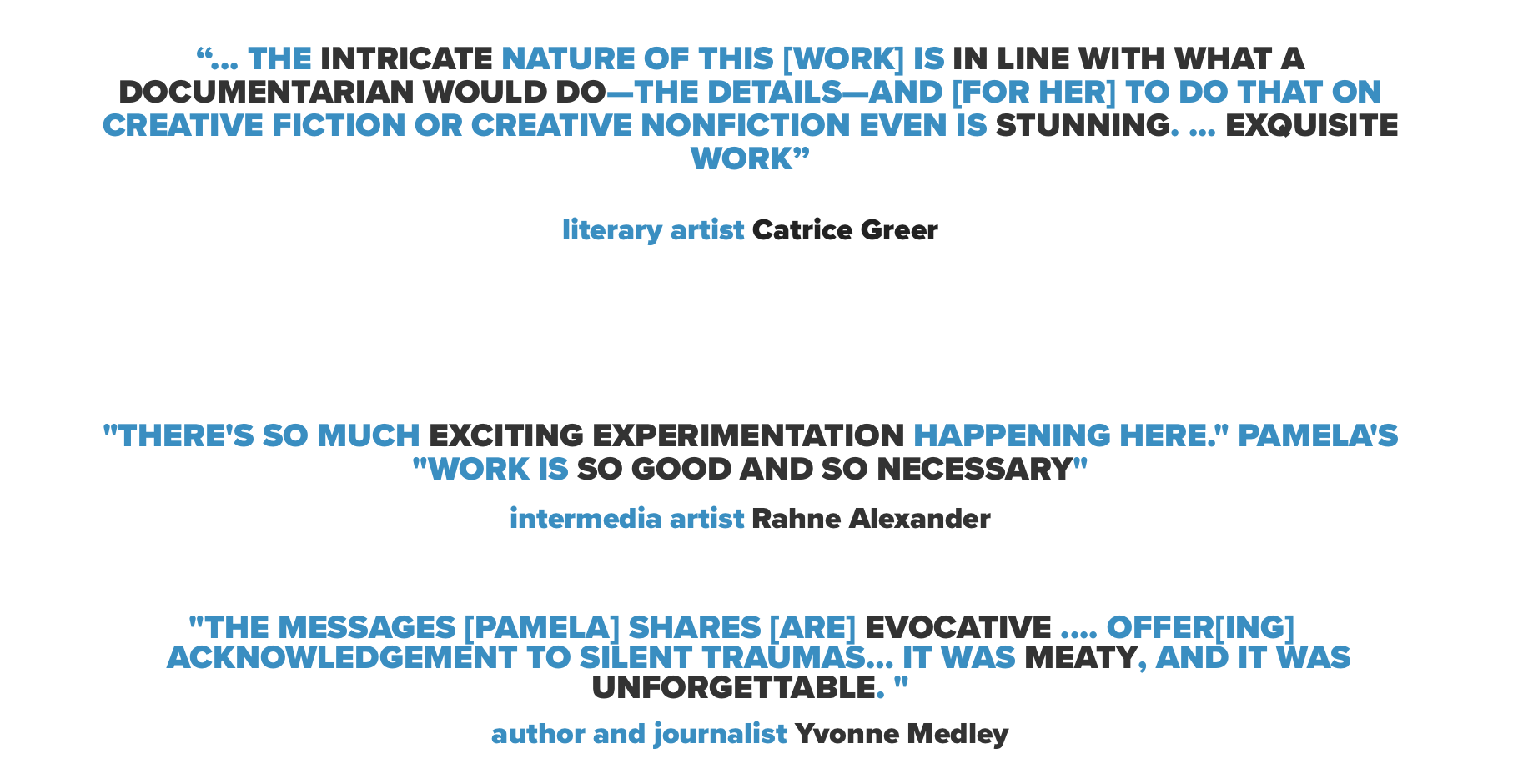 Quotes from noted figures and others praising Pamela Woolford's storytelling.