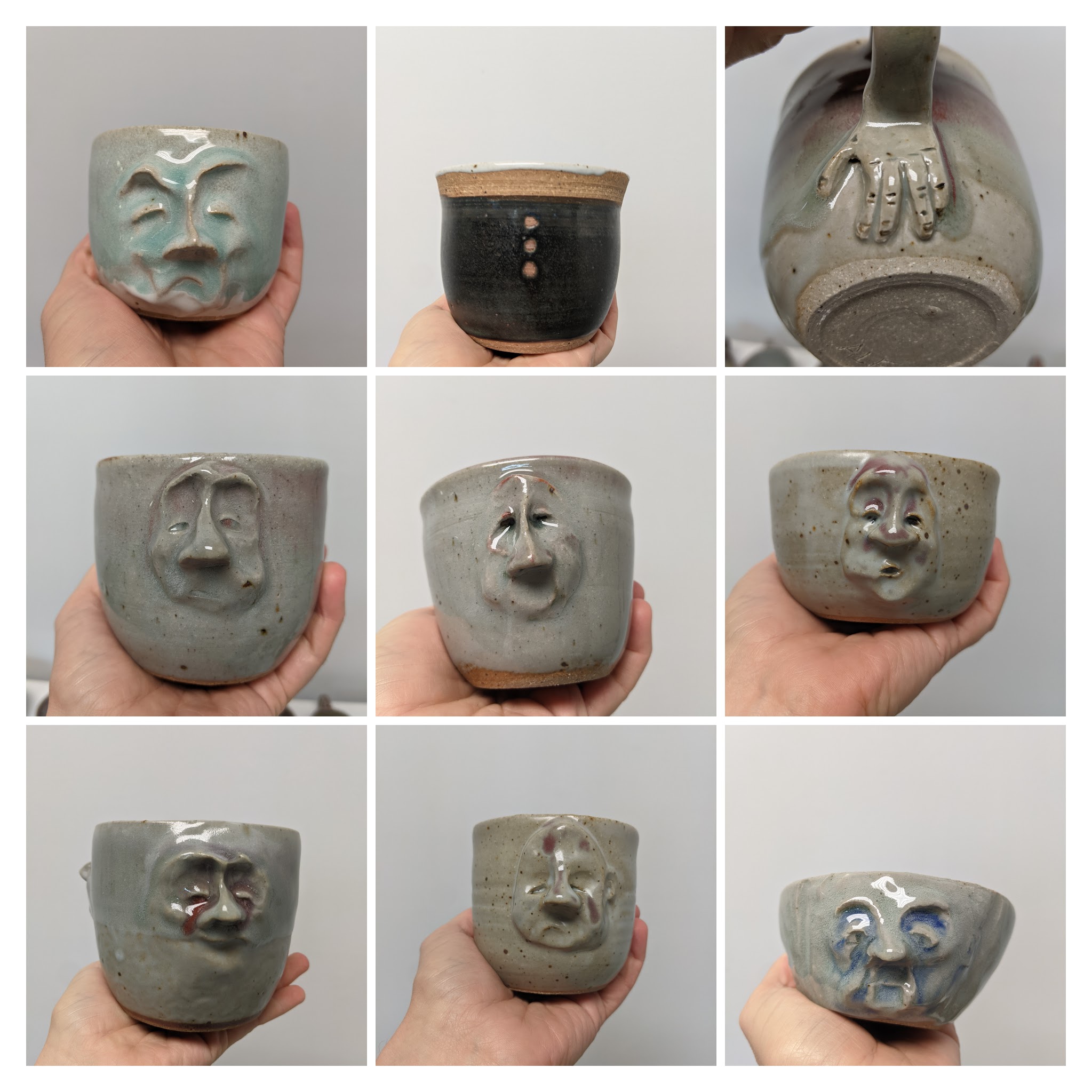 An image with nine handthrown ceramic mugs and vessels, 8 of which have faces and/or hands. 