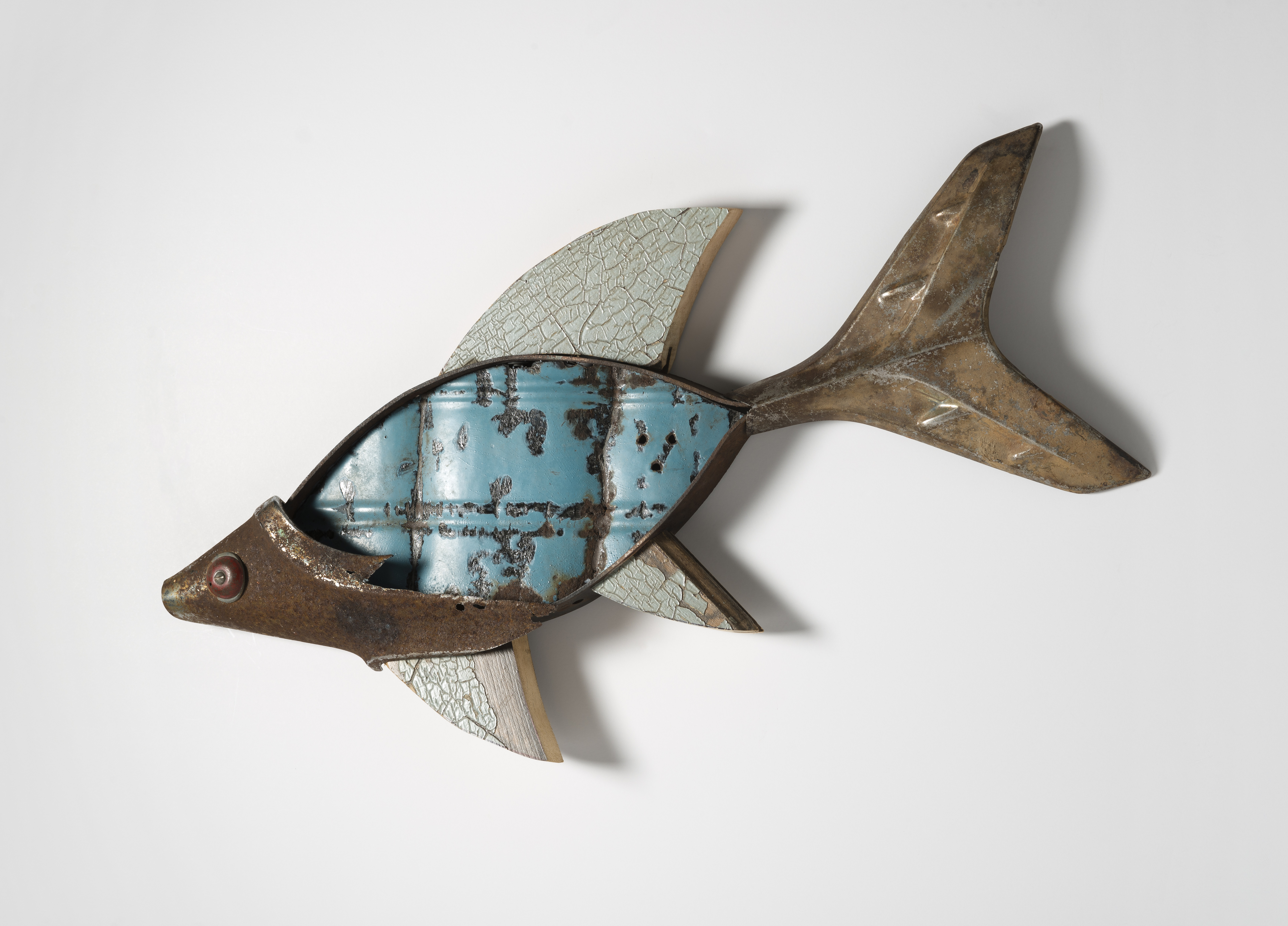 wall sculpure, found object assemblage, fish, mixed media