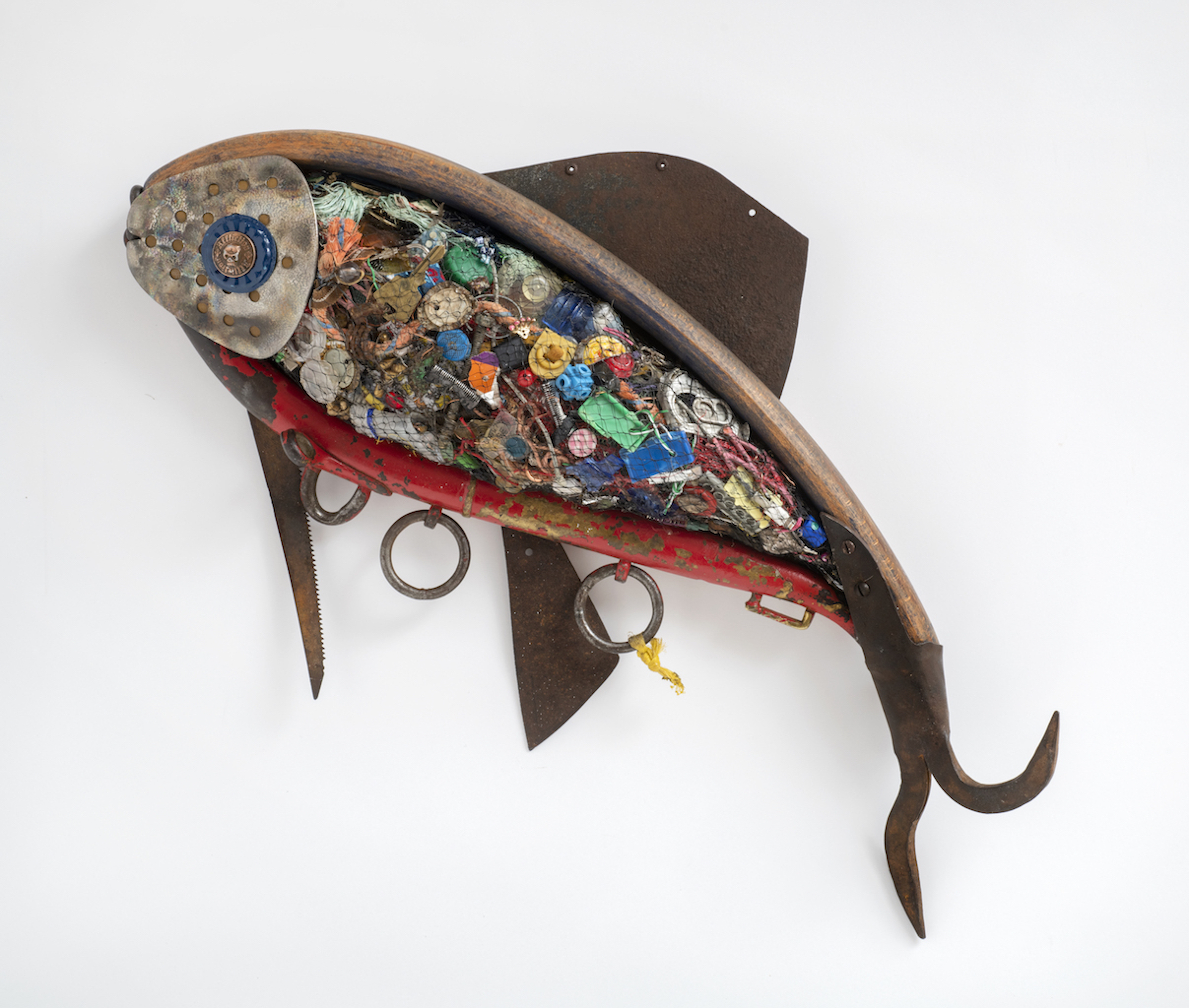 found objects, wall sculpture, fish, environmental, mixed media 