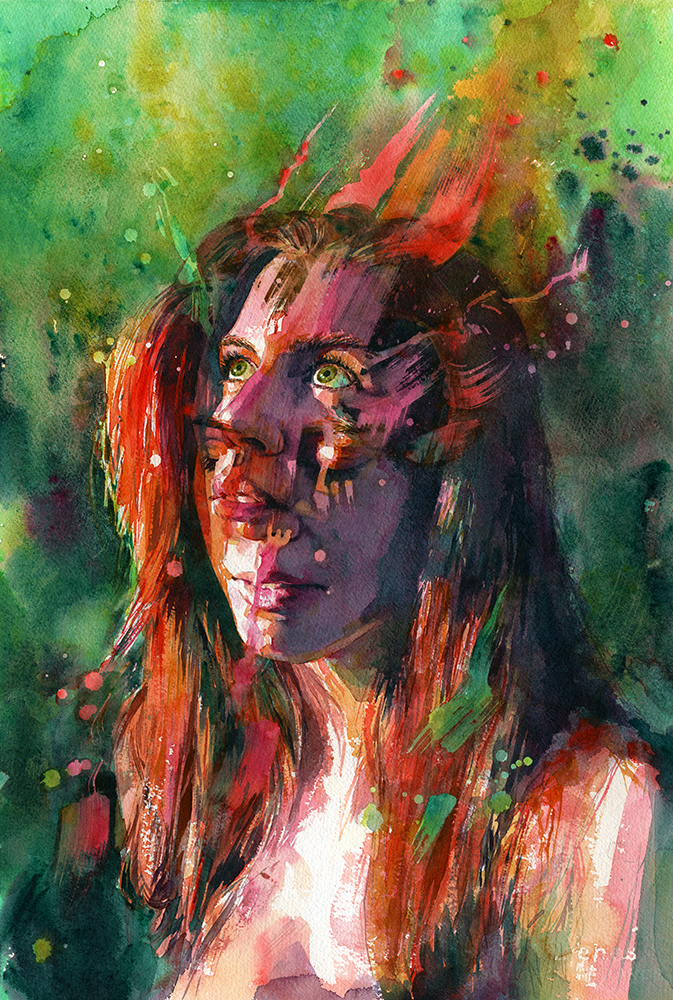 "Blaze," watercolor of two views of a woman's face merged together