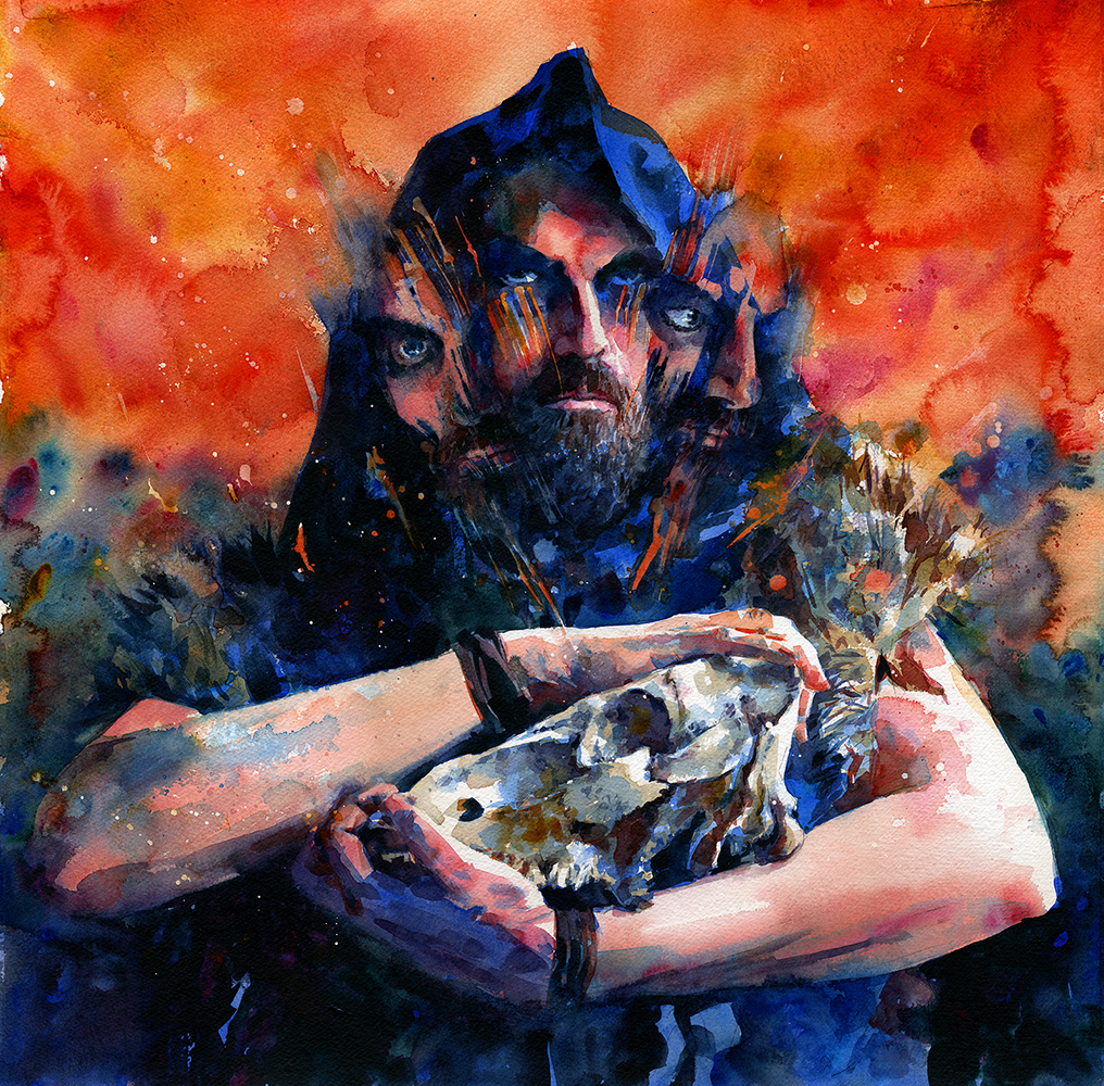 "Intermediary 2," watercolor of a man holding a skull