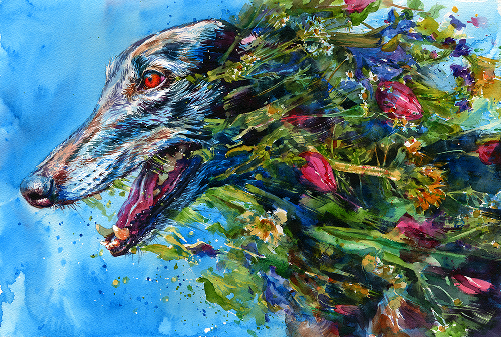 "Beautiful Zephyr," watercolor of a greyhound running through flowers