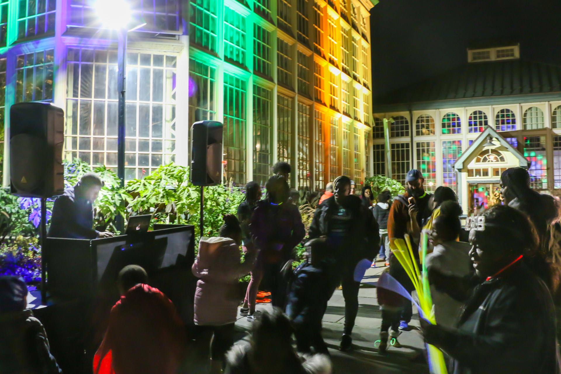 Arches & Access - dance party at Rawlings Conservatory illuminated with light art