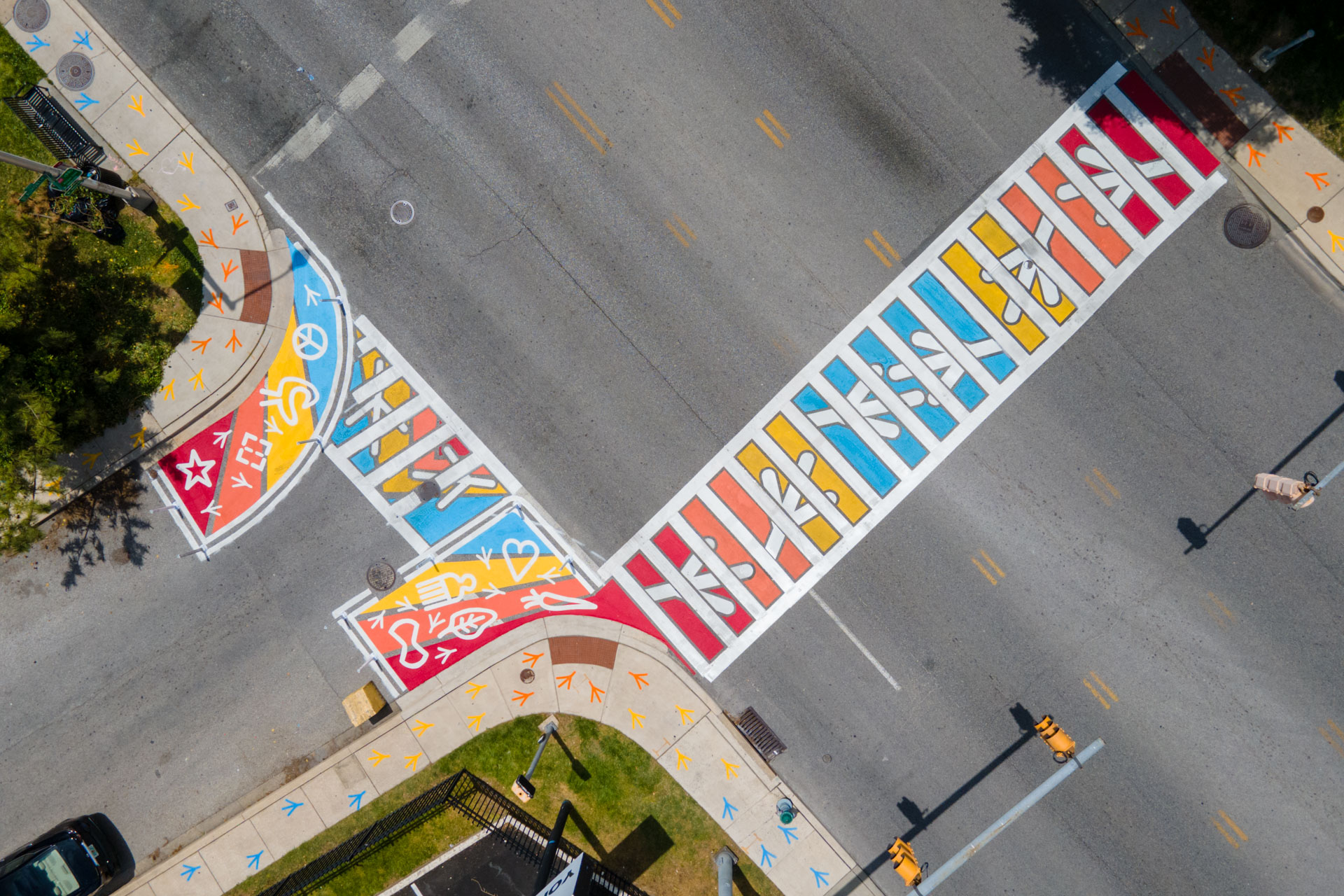 York Rd Unity Tracks art crosswalks aerial view