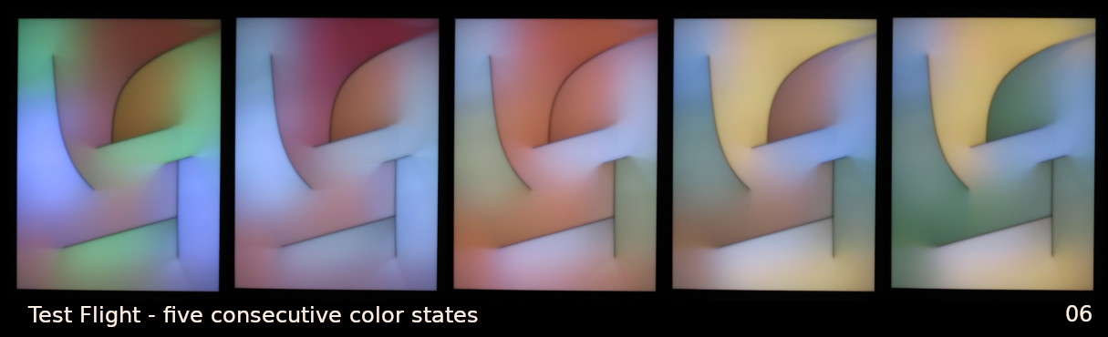 "Test Flight" in five consecutive color-states.