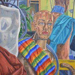 Arrangement with Mannequin in Colorful Regalia and Bits of Meat