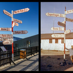 Andreas Lund-Drosvad with Signpost (1959) (Danish Arctic Institute Collection) Signpost, Kangerlussuaq Airport (2021)
