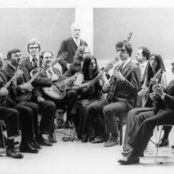 The newly re-formed Baltimore Mandolin Orchestra in 1975 with director Conrad Gebelein (standing, center rear)