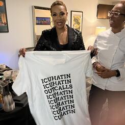 MC Lyte with Outcalls' shirt ICUHATIN