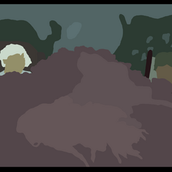 Screenshot of one moment in the work, A Stabilizing Loop, where layers of hand-drawn images have come together to form a scene, a pause before breaking apart and forming the next scene.