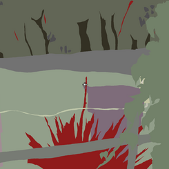 Screenshot of one moment in the work, A Stabilizing Loop, where layers of hand-drawn images have come together to form a scene, a pause before breaking apart and forming the next scene.