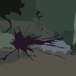 Screenshot of one moment in the work, A Stabilizing Loop, where layers of hand-drawn images have come together to form a scene, a pause before breaking apart and forming the next scene.