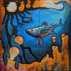 Rockfish Mural Chalk on prepared wood panel, 8' x 8' Collin Cessna, 2023