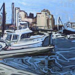 Port Covington Marina Casein on wood panel, 8 x 10 Collin Cessna, 2023