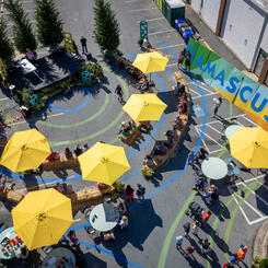 Damascus Placemaking Festival, Amphitheater of hay bales, pavement art and mural board, birds-eye view