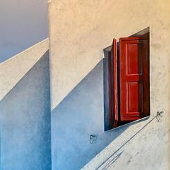Red shutter, acrylic, 36 by 26 inches