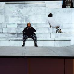 Exhibition documentation of Levester Williams' film project on Cockeysville marble, featuring Sheila Gaskins and Nia Hampton