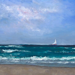 Solitude, isolated sailboat on turbulant ocean with scant number of clouds.  It appears to be windy as the ocean looks a bit ruff.