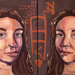 me as a neanderthal and me as a homo sapiens and in the middle is the cave art we collaborated on