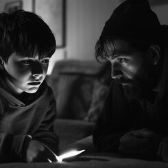 Tech Bro and Child Doing Homework with an AI Agent