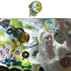 overlay painting with sequins and recycled bottles with live performance still by Ruth Margraff