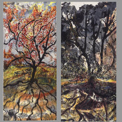 Our Epoch's Autumn, Persephone from Dawn to Dusk 2023 84 x 40, ink, watercolor, acrylic on Japanese paper mounted on silk