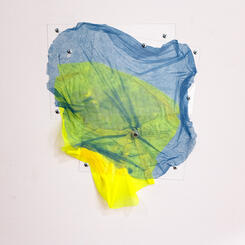 Flagging color study #4 #4, 2025. Surgical bouffant cap, silicone, mesh, hardware  12”x16”