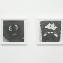 Installation shot of scared Minky Momo Princess and SpongBob