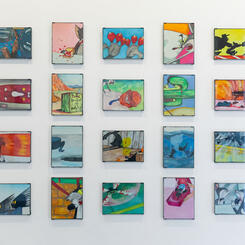 Installation image of small gouache study paintings for The First Strike