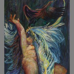 Lalla Finds Her Wings, '21 & '04, oil on canvas, 88 x 36 x 3