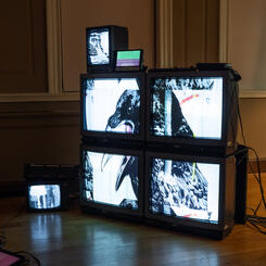 Detail shot of the main 1x4 video wall in the installation