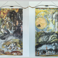 Artemis, Protector of Life, Slayer of Methane Monsters, 2022, each is 84 x 40, Chinese ink, watercolor on Japanese paper, suspended by fishing line, wood archery bow