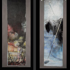 Seer Now is the Time We Have Denied, 2014, 71 x 20 variable hanging length, Chinese ink, watercolor, Japanese paper, suspended by fishing line and antique pipes