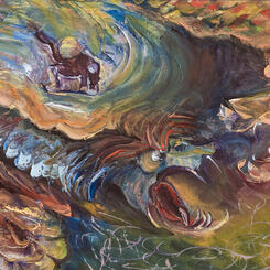 detail: Skating and Dancing With Dragons, oil on canvas, 15.38 x 113.38 2024