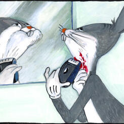 Shaving Cuts Are The New Trend In 2025, gouache on paper, 6.0 × 8.0 inches (study for The First Strike)