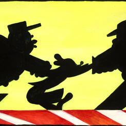 New And Improved Crossing Signs Coming Near You,  gouache on paper, 6.0 × 8.0 inches (study for The First Strike)