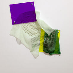 Flagging color study #2, 2025.  Mesh, plexiglass, used hospital sock, transparency sheet, silicone, hardware 18”x15”