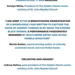 Praise for Pamela Woolford as Harriet Tubman