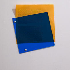 Flagging Color Study #5, 2025. Colored printerpaper, plexiglass, hardware.  8”x9”