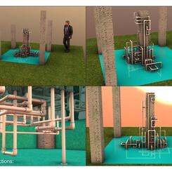 Design for an outdoor sculpture--pipe fittings, cast cement pillars, translucent material for base.