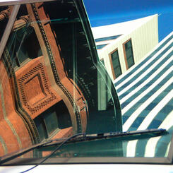 buildings in a windshield