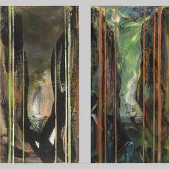 Green Moon... and Green Night Of Great Mother Bay 2012,  each 55 x 27 ink, W/C on paper (L) oil on canvas (r) 