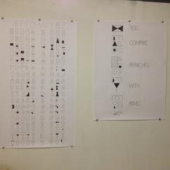 Syllabic System of Sounds Table 1, 2013, print and “You Compare Branches with Arms”, 2013, print