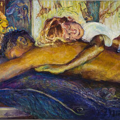 Jo, Jon Floating on Jonah's Whale, '14 & '03, 38 x 60 x 1 oil on canvas 