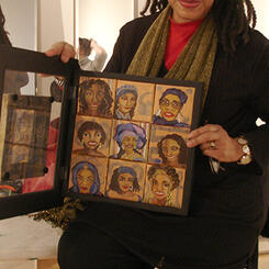 Sharon King with her self portrait box to be hung on the wall