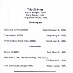 Trio Sirènes contemporary program, inside page, UMBC