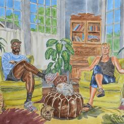 Alicia, Trey, the African Gray Parrot, 3 Lion-head Rabbits, and a Somewhat Aloof Cat