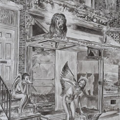 On the Stoop VI, Afghan Hound God and His Ducked Up Angels 