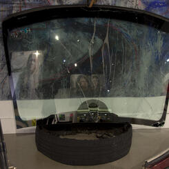 Falling Off the Edge of Nebraska installation detail, large glass.